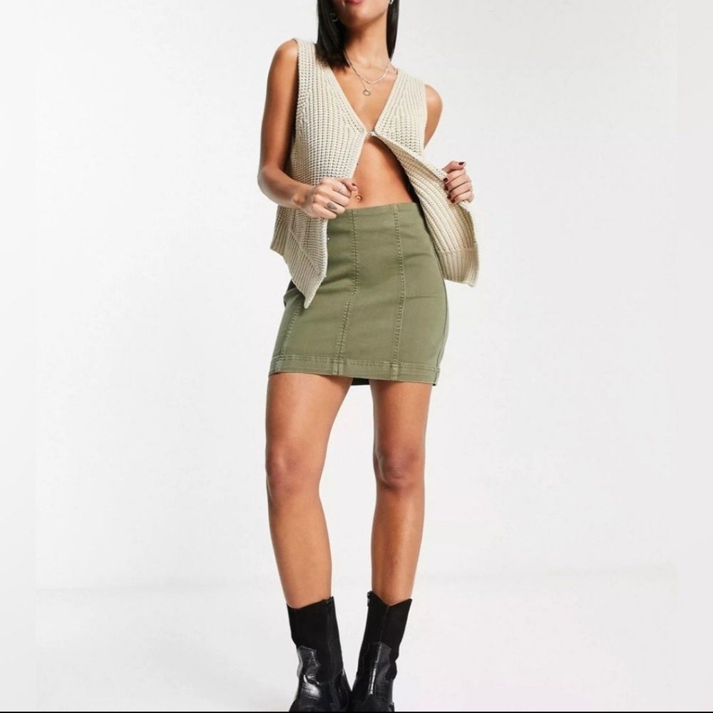Free People Modern Femme Green Boho Western Coastal Cowgirl Denim Mini Skirt